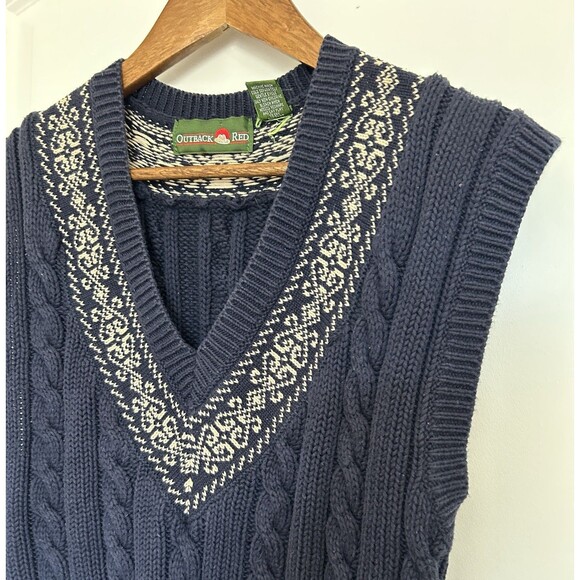 Outback Red Sweater Vest Large Cable Knit 100% Cotton Navy Preppy Academia VTG - Picture 2 of 8